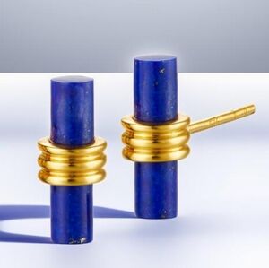 18k Gold Plated Lapis Lazuli Cylinder Earrings